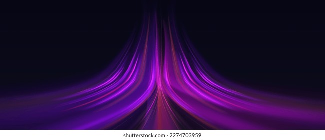 High speed effect motion blur night lights blue and red. Futuristic neon light line trails. bright sparkling background. Purple glowing wave swirl, impulse cable lines. Long time exposure. Vector
