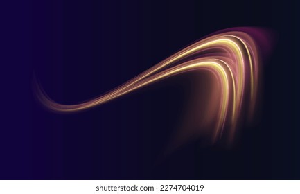 High speed effect motion blur night lights blue and red. Futuristic neon light line trails. bright sparkling background. Purple glowing wave swirl, impulse cable lines. Long time exposure. Vector