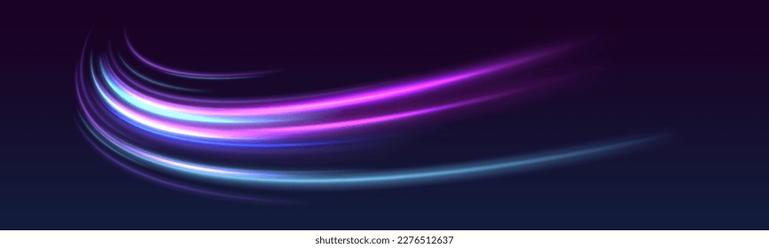 High speed effect motion blur night lights blue and red. Futuristic neon light line trails. bright sparkling background. Purple glowing wave swirl, impulse cable lines. Long time exposure. Vector