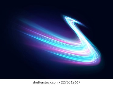 High speed effect motion blur night lights blue and red. Futuristic neon light line trails. bright sparkling background. Purple glowing wave swirl, impulse cable lines. Long time exposure. Vector - Shutterstock ID 2276512667