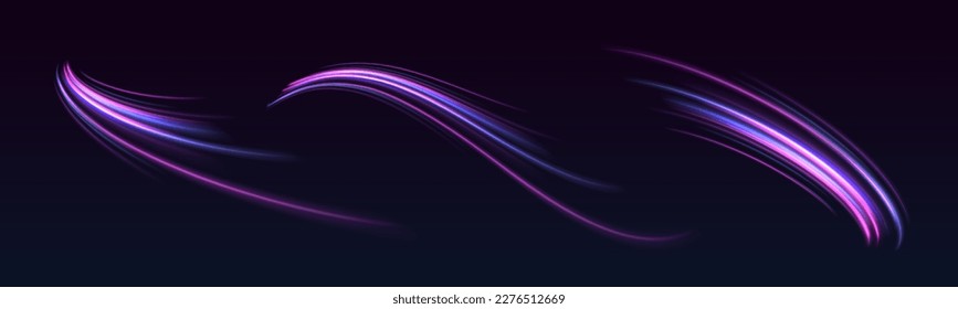 High speed effect motion blur night lights blue and red. Futuristic neon light line trails. bright sparkling background. Purple glowing wave swirl, impulse cable lines. Long time exposure. Vector - Shutterstock ID 2276512669