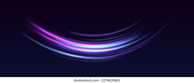 High speed effect motion blur night lights blue and red. Futuristic neon light line trails. bright sparkling background. Purple glowing wave swirl, impulse cable lines. Long time exposure. Vector