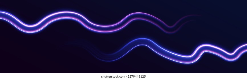 High speed effect motion blur night lights blue and red. Futuristic neon light line trails. bright sparkling background. Purple glowing wave swirl, impulse cable lines. Long time exposure. Vector