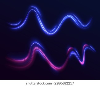 High speed effect motion blur night lights blue and red. Futuristic neon light line trails. bright sparkling background. Purple glowing wave swirl, impulse cable lines. Long time exposure. Vector