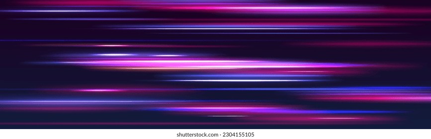 High speed effect motion blur night lights blue and red. Futuristic neon light line trails. Futuristic, technology pattern for banner or poster design background concept.	