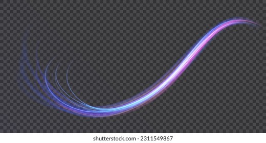 High speed effect motion blur night lights blue and red. Futuristic neon light line trails. bright sparkling background. Purple glowing wave swirl, impulse cable lines. Long time exposure. Vector