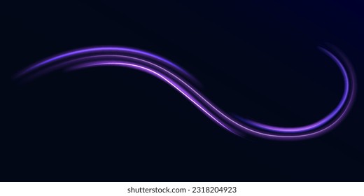 High speed effect motion blur night lights blue and red. Futuristic neon light line trails. bright sparkling background. Purple glowing wave swirl, impulse cable lines. Long time exposure. Vector