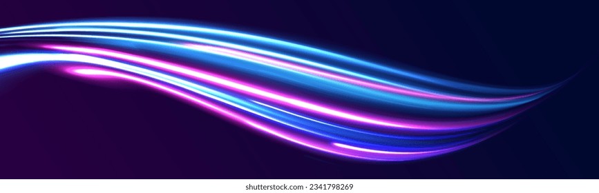 High speed effect motion blur night lights blue and red. Radial motion blur background. Purple glowing wave swirl, impulse cable lines. Long time exposure. Vector illustration.