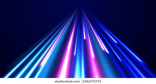 High speed effect motion blur night lights blue and red. Radial motion blur background. Purple glowing wave swirl, impulse cable lines. Long time exposure. Vector illustration.