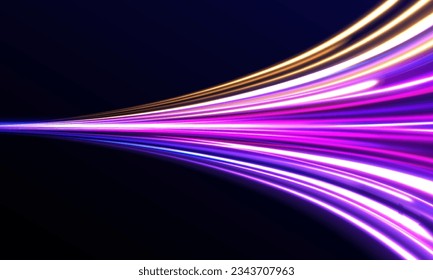 High speed effect motion blur night lights blue and red. Radial motion blur background. Purple glowing wave swirl, impulse cable lines. Long time exposure. Vector illustration.