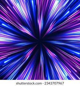 High speed effect motion blur night lights blue and red. Radial motion blur background. Purple glowing wave swirl, impulse cable lines. Long time exposure. Vector illustration.