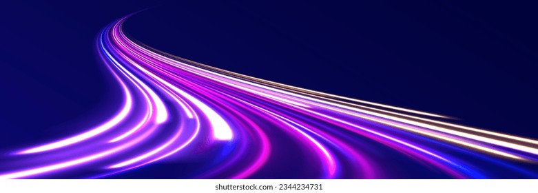 El movimiento de efecto de alta velocidad borrosa noche luces azules y rojas. Fondo de desenfoque de movimiento radial. Giro violeta de onda brillante, líneas de cable de impulso. Exposición a largo plazo. Ilustración vectorial.