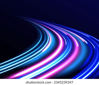 High speed effect motion blur night lights blue and red. Radial motion blur background. Purple glowing wave swirl, impulse cable lines. Long time exposure. Vector illustration.