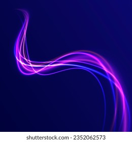 High speed effect motion blur night lights blue and red. Radial motion blur background. Purple glowing wave swirl, impulse cable lines. Long time exposure. Vector illustration.