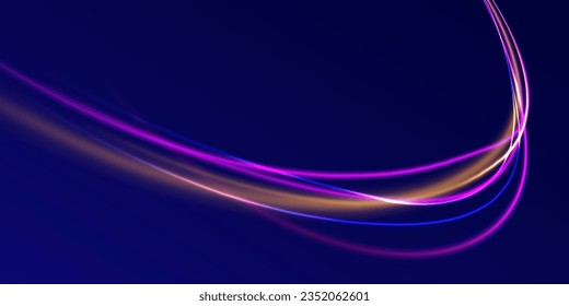 High speed effect motion blur night lights blue and red. Radial motion blur background. Purple glowing wave swirl, impulse cable lines. Long time exposure. Vector illustration.