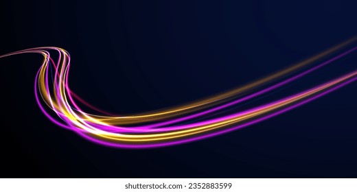 High speed effect motion blur night lights blue and red. Radial motion blur background. Purple glowing wave swirl, impulse cable lines. Long time exposure. Vector illustration.