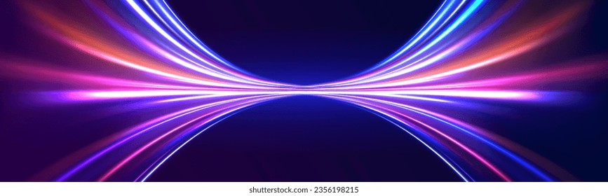 High speed effect motion blur night lights blue and red. Radial motion blur background. Purple wave swirl, impulse cable lines.  Concept of cyber highway, digital hyperspace or speed of light vector.