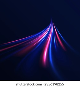 High speed effect motion blur night lights blue and red. Radial motion blur background. Purple wave swirl, impulse cable lines.  Concept of cyber highway, digital hyperspace or speed of light vector.
