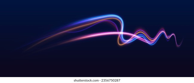 High speed effect motion blur night lights blue and red. Abstract neon color glowing lines background. Vector futuristic empty neon background.	