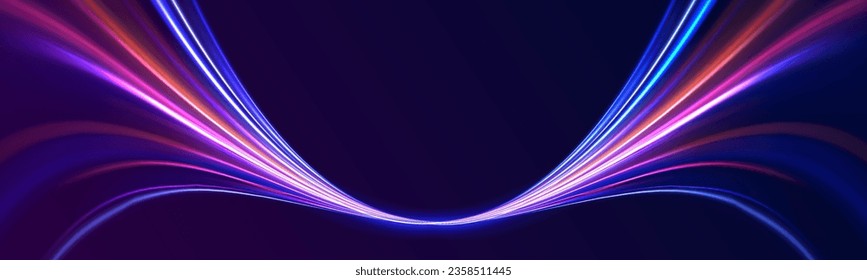 High speed effect motion blur night lights blue and red. Radial motion blur background. Purple wave swirl, impulse cable lines.  Concept of cyber highway, digital hyperspace or speed of light vector.