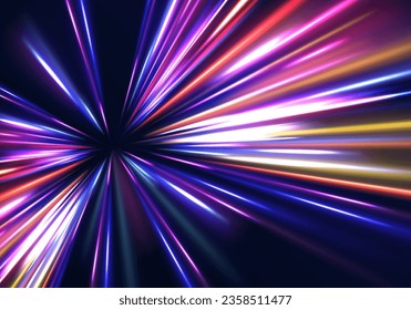 El movimiento de efecto de alta velocidad borrosa noche luces azules y rojas. Fondo de desenfoque de movimiento radial. Giro violeta, líneas de cable de impulso.  Concepto de ciberautopista, hiperespacio digital o velocidad del vector de luz.