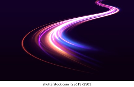 High speed effect motion blur night lights blue and red. Abstract neon color glowing lines background. Vector futuristic empty neon background.