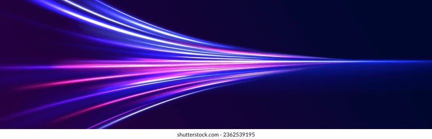 High speed effect motion blur night lights blue and red. Radial motion blur background. Purple wave swirl, impulse cable lines.  Concept of cyber highway, digital hyperspace or speed of light vector.