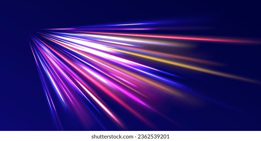 High speed effect motion blur night lights blue and red. Radial motion blur background. Purple wave swirl, impulse cable lines.  Concept of cyber highway, digital hyperspace or speed of light vector.