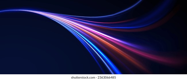 High speed effect motion blur night lights blue and red. Radial motion blur background. Purple wave swirl, impulse cable lines.  Concept of cyber highway, digital hyperspace or speed of light vector.