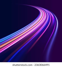 High speed effect motion blur night lights blue and red. Radial motion blur background. Purple wave swirl, impulse cable lines.  Concept of cyber highway, digital hyperspace or speed of light vector.