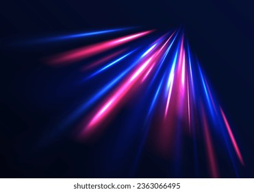 El movimiento de efecto de alta velocidad borrosa noche luces azules y rojas. Fondo de desenfoque de movimiento radial. Giro violeta, líneas de cable de impulso.  Concepto de ciberautopista, hiperespacio digital o velocidad del vector de luz.