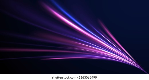 High speed effect motion blur night lights blue and red. Radial motion blur background. Purple wave swirl, impulse cable lines.  Concept of cyber highway, digital hyperspace or speed of light vector.