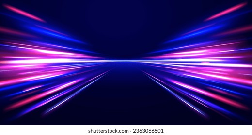 El movimiento de efecto de alta velocidad borrosa noche luces azules y rojas. Fondo de desenfoque de movimiento radial. Giro violeta, líneas de cable de impulso.  Concepto de ciberautopista, hiperespacio digital o velocidad del vector de luz.