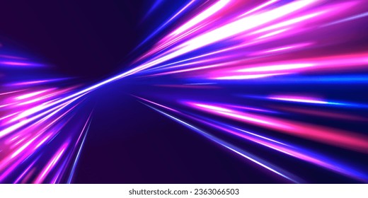 High speed effect motion blur night lights blue and red. Radial motion blur background. Purple wave swirl, impulse cable lines.  Concept of cyber highway, digital hyperspace or speed of light vector.
