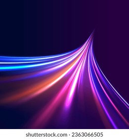 High speed effect motion blur night lights blue and red. Radial motion blur background. Purple wave swirl, impulse cable lines.  Concept of cyber highway, digital hyperspace or speed of light vector.