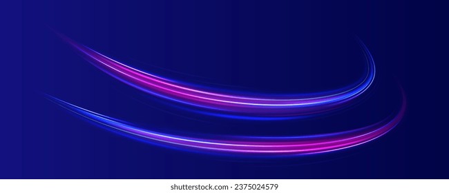 El movimiento de efecto de alta velocidad borrosa noche luces azules y rojas. Pancarta futurista abstracta con neón morado resplandeciente. Fondo brillante brillante. Giro violeta de onda brillante, líneas de cable de impulso. Vector