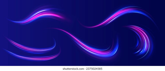 El movimiento de efecto de alta velocidad borrosa noche luces azules y rojas. Pancarta futurista abstracta con neón morado resplandeciente. Fondo brillante brillante. Giro violeta de onda brillante, líneas de cable de impulso. Vector