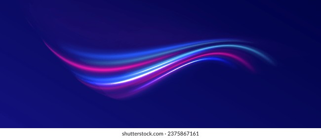 High speed effect motion blur night lights blue and red. Abstract futuristic banner with purple neon glow. Bright sparkling background. Purple glowing wave swirl, impulse cable lines. Vector