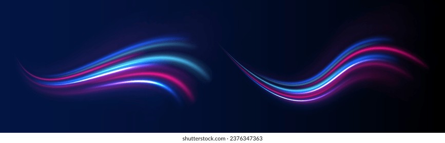 High speed effect motion blur night lights blue and red. Abstract futuristic banner with purple neon glow. Bright sparkling background. Purple glowing wave swirl, impulse cable lines. Vector