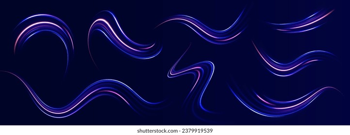 High speed effect motion blur night lights blue and red. Futuristic dynamic motion technology. Purple glowing vector wave swirl. Neon color glowing lines background, high-speed light trails effect. 