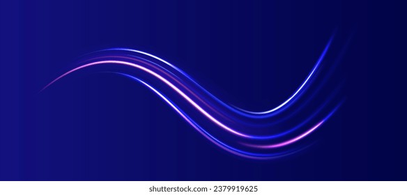 High speed effect motion blur night lights blue and red. Futuristic dynamic motion technology. Purple glowing vector wave swirl. Neon color glowing lines background, high-speed light trails effect. 