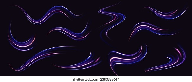 High speed effect motion blur night lights blue and red. Futuristic dynamic motion technology. Purple glowing vector wave swirl. Neon color glowing lines background, high-speed light trails effect. 