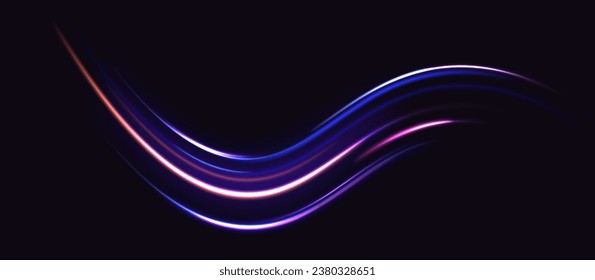 High speed effect motion blur night lights blue and red. Futuristic dynamic motion technology. Purple glowing vector wave swirl. Neon color glowing lines background, high-speed light trails effect. 