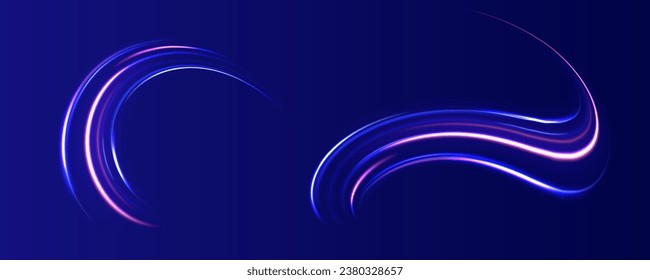 High speed effect motion blur night lights blue and red. Futuristic dynamic motion technology. Purple glowing vector wave swirl. Neon color glowing lines background, high-speed light trails effect. 