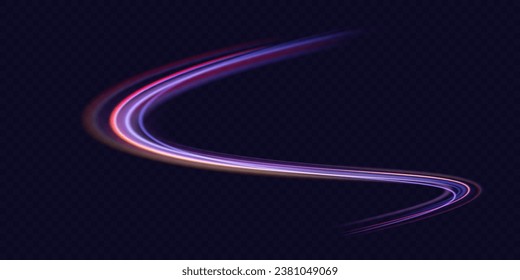 High speed effect motion blur night lights blue and red. Futuristic neon light line trails. bright sparkling background. Purple glowing wave swirl, impulse cable lines. Long time exposure. Vector