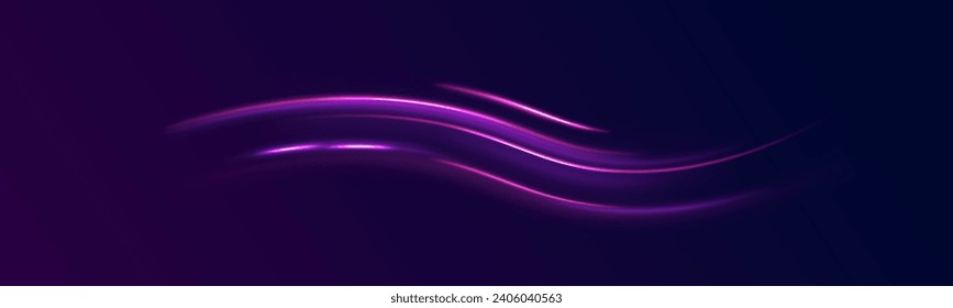 High speed effect motion blur night lights blue. Energy flow tunnel. Neon purple glowing lines background, high-speed light trails vector effect. 