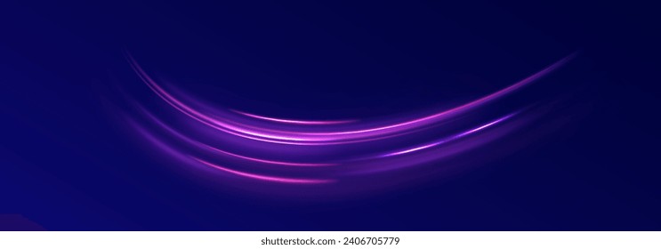 High speed effect motion blur night lights blue. Energy flow tunnel. Neon purple glowing lines background, high-speed light trails vector effect. 