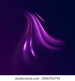 High speed effect motion blur night lights blue. Energy flow tunnel. Neon purple glowing lines background, high-speed light trails vector effect. 