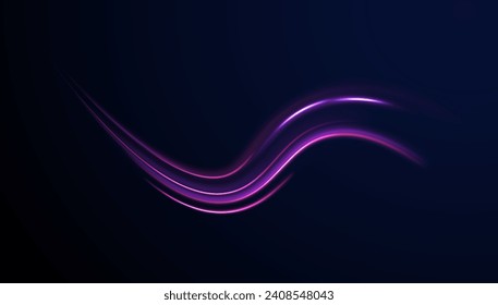 High speed effect motion blur night lights blue. Energy flow tunnel. Neon purple glowing lines background, high-speed light trails vector effect. 