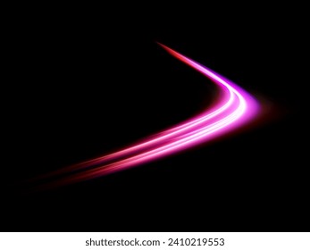 El efecto de alta velocidad desdibuja las luces nocturnas rosadas y rojas. Senderos de la línea de luz de neón futurista. fondo brillante. Giro violeta de onda brillante, líneas de cable de impulso. Exposición a largo plazo. Vector